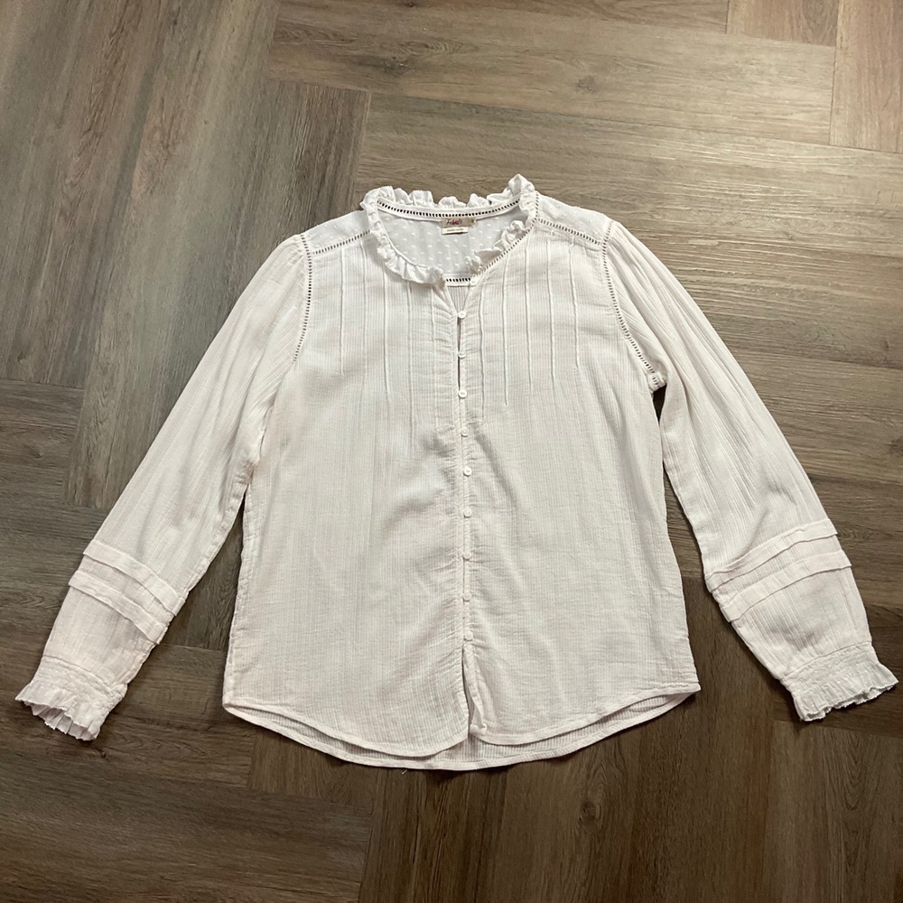 Faherty Willa Organic Cotton Pintuck Dot Victorian Ruffle Blouse Top Large White